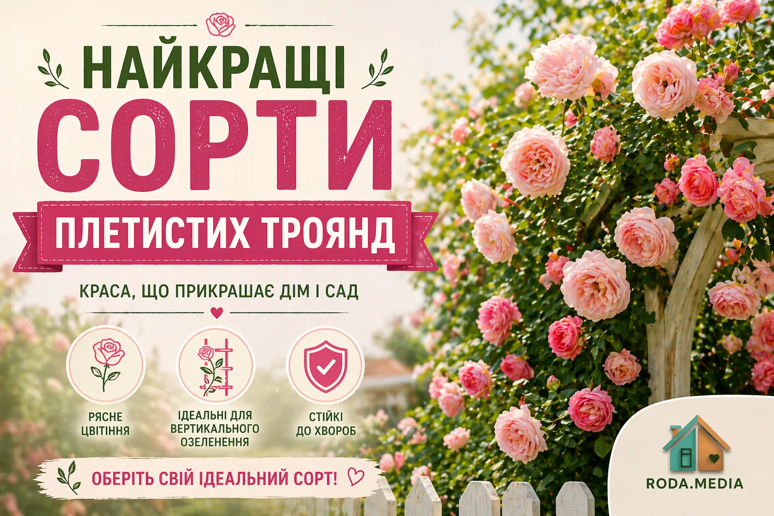 Найкращі сорти плетистих троянд 2026 - Roda Media
